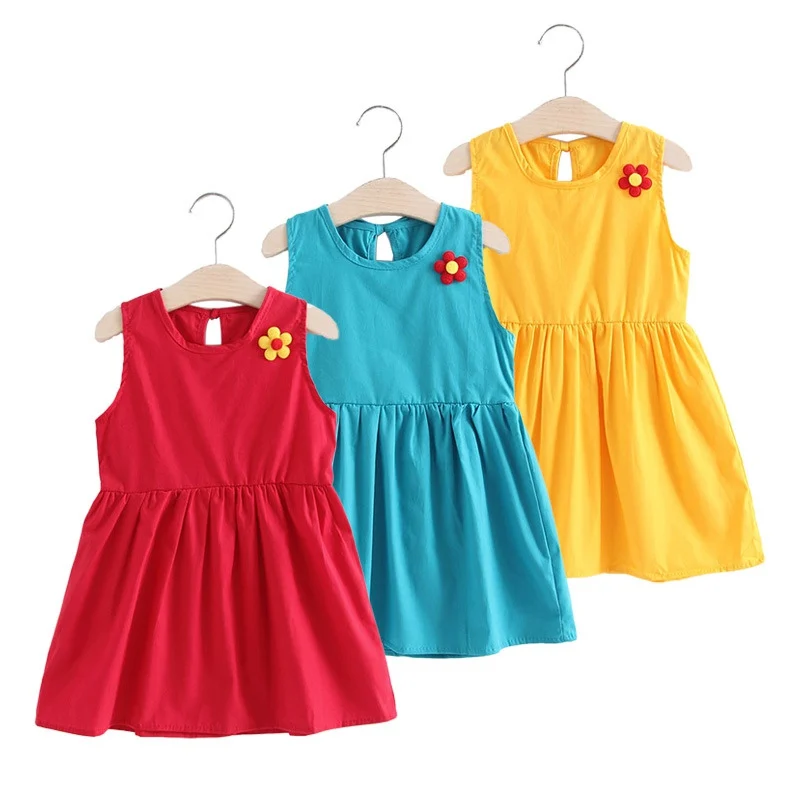 Summer Kids Dresses for Girls Clothes Solid Color Flower Red Yellow Princess Dress Toddler Baby Dress Cute Children\'s Clothing