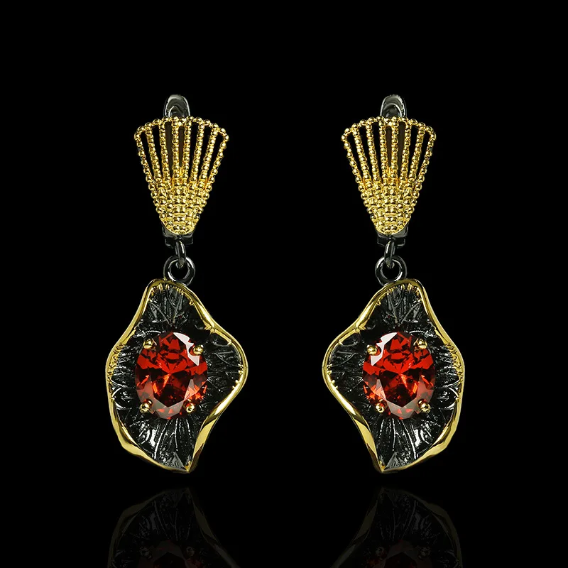 Luxurious Exaggerated Ruby Earrings for Women High Quality Black and Gold Earrings Anniversary Gift Attendance Party Jewelry