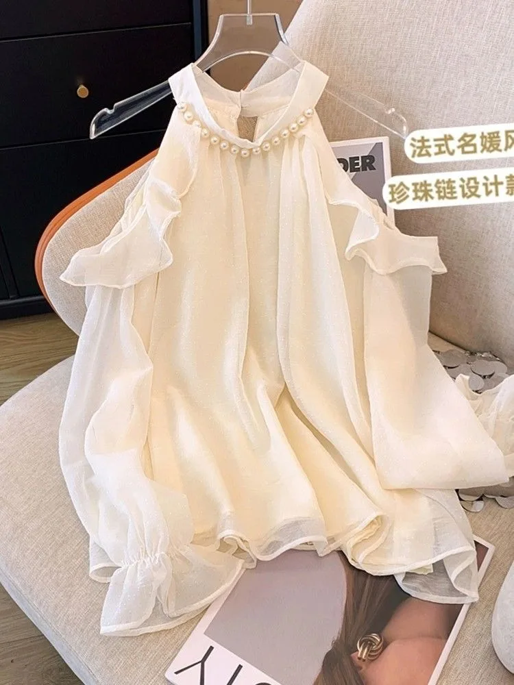 

Women Tops Pearl Beading Off Shoulder Long Sleeve O Neck Girl Blouse Elegant Chic Spring Summer Korean Fashion Sweet Clothing