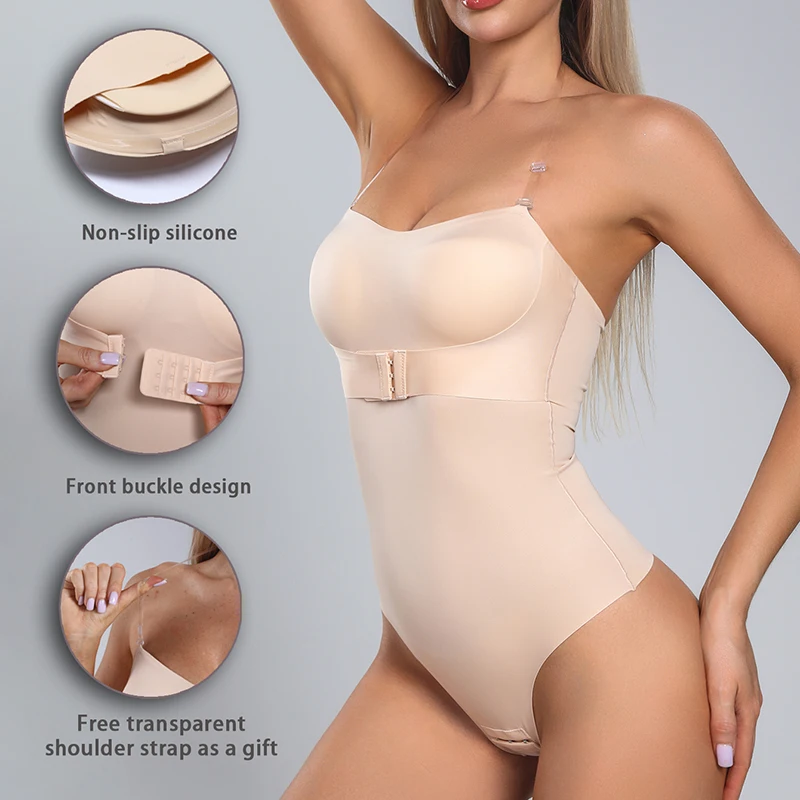 Women Seamless One-Piece Shapewear Silicone Anti Slip Strip 4-Row 3-Button Front Buckle and Crotch