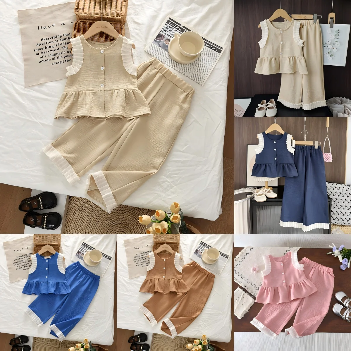 Koreanische Version Sommer Neue Freizeitkleidung für Mädchen von 1-10 Jahren Ärmelloses Einreihiges Oberteil + Spitzen-Weite-Hose Zweiteiliges Set