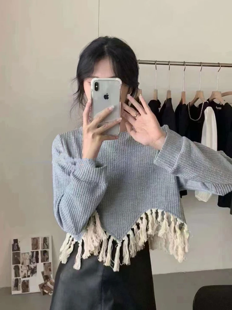 Tassel Long Sleeve Pullovers Women High Street Y2k Clothes Autumn All-match Ulzzang Vintage Trendy Aesthetic Sweaters New Chic