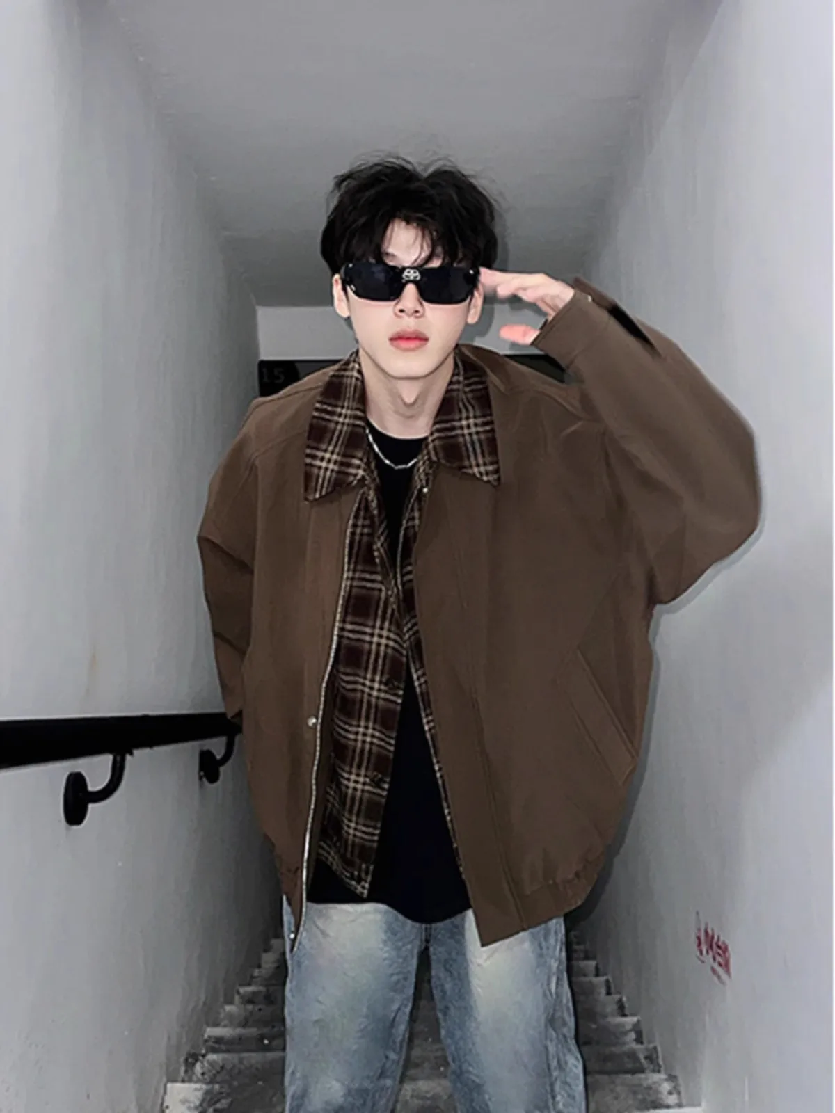 

Plaid Patchwork Brown Flight Jacket Men's Autumn High-End American Style Shoulder Flip Collar Baseball Uniform Loose Fit Jacket