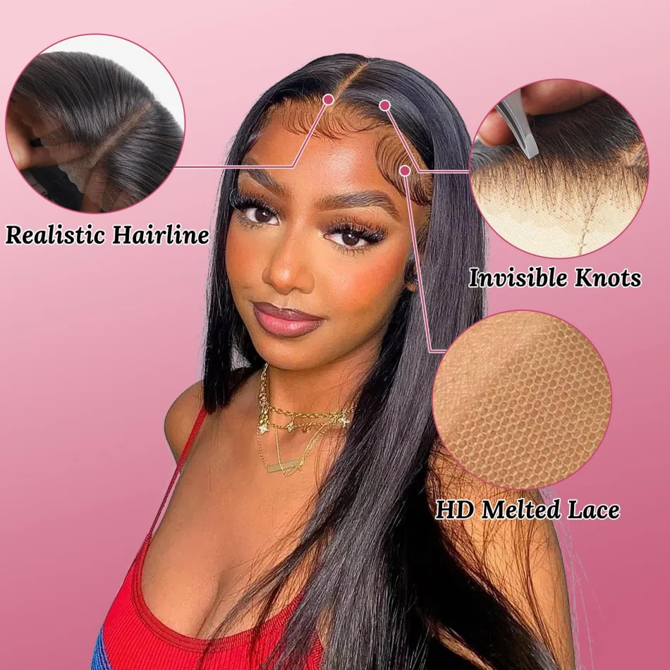 Wig Rambut Asli Brasil 100% dengan Lace Frontal Transparan HD 13x4 dan 13x6, Panjang 30-40 Inch, Warna Hitam Alami, Model Lurus, Kepadatan 200