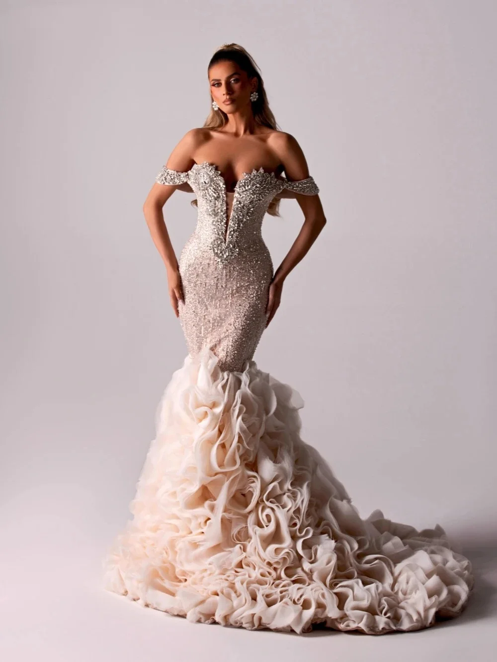 Сексуальное свадебное платье русалки с открытыми плечами, современные платья невесты с кристаллами и бисером, рюшами и блестками, кружевное свадебное платье