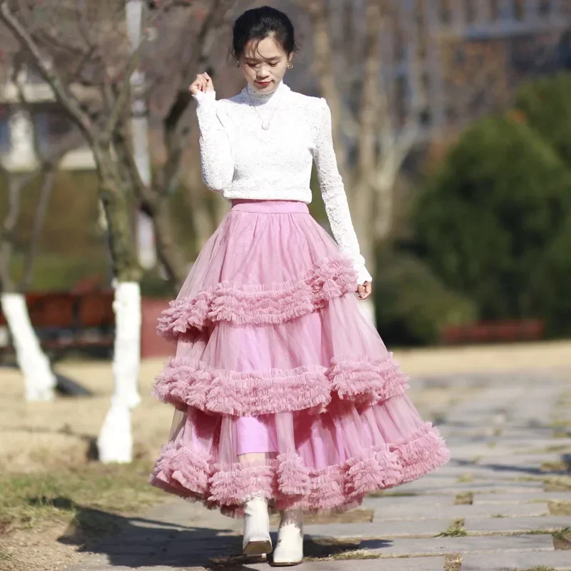 New  layered   irregular cake skirt 3 layer yarn long  fairy high waist thin