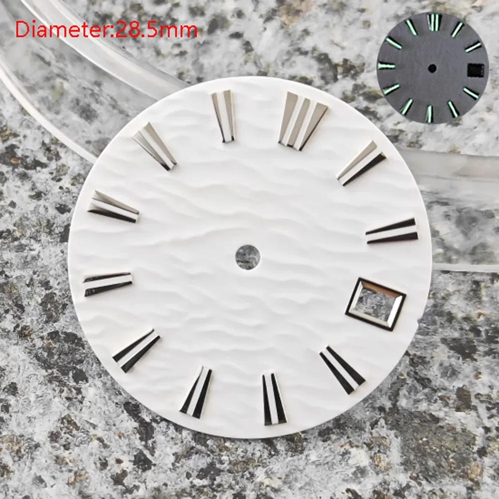 28.5 ミリメートル NH35 ダイヤルグリーン発光リップルパターンダイヤル NH35 自動ムーブメント時計アクセサリーに適したロゴをカスタマイズすることができます
