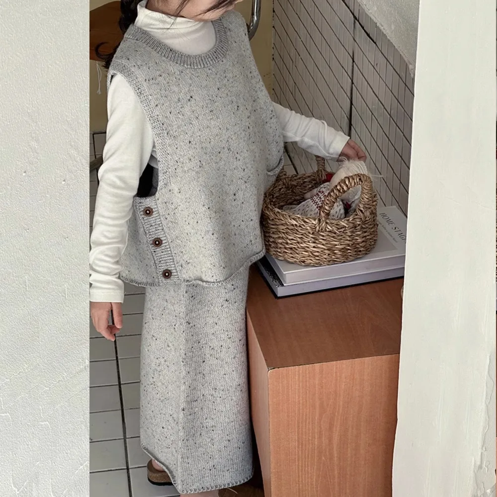 Girls Clothes Suit Spring 2024 New Style Korean Style Fashion Children Knitting College Style Vest and Skirt Two-piece Set