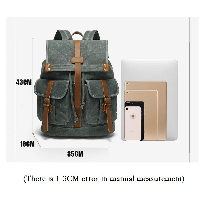 Men's Waxed Canvas Backpack With Drawstring 14 inch Laptop Bag Waterproof Rucksack Classic School College Bookbag Travel Daypack