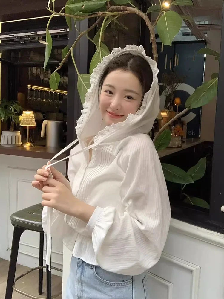Sweet Summer New Sle Chic Ruffle Hem Hooded Slimming ort Svel Cotton Sunscreen irt Women's Loose Fit Pure Color Top