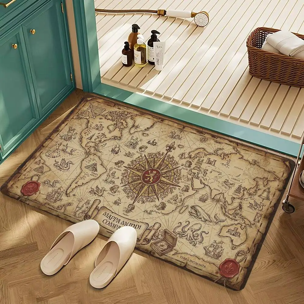 

Old World Map Nautical Compass Bathroom Mat Anti-slip Absorb Water Long Strip Cushion Bedroon Mat Welcome Doormat