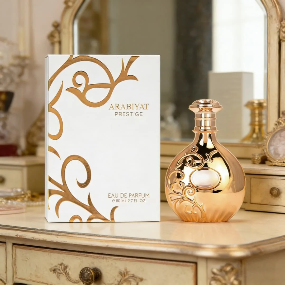 

Arabiyat Prestige Nyla EDP | Rose gold embossed bottle, soft floral-oriental notes, elegant feminine vibe