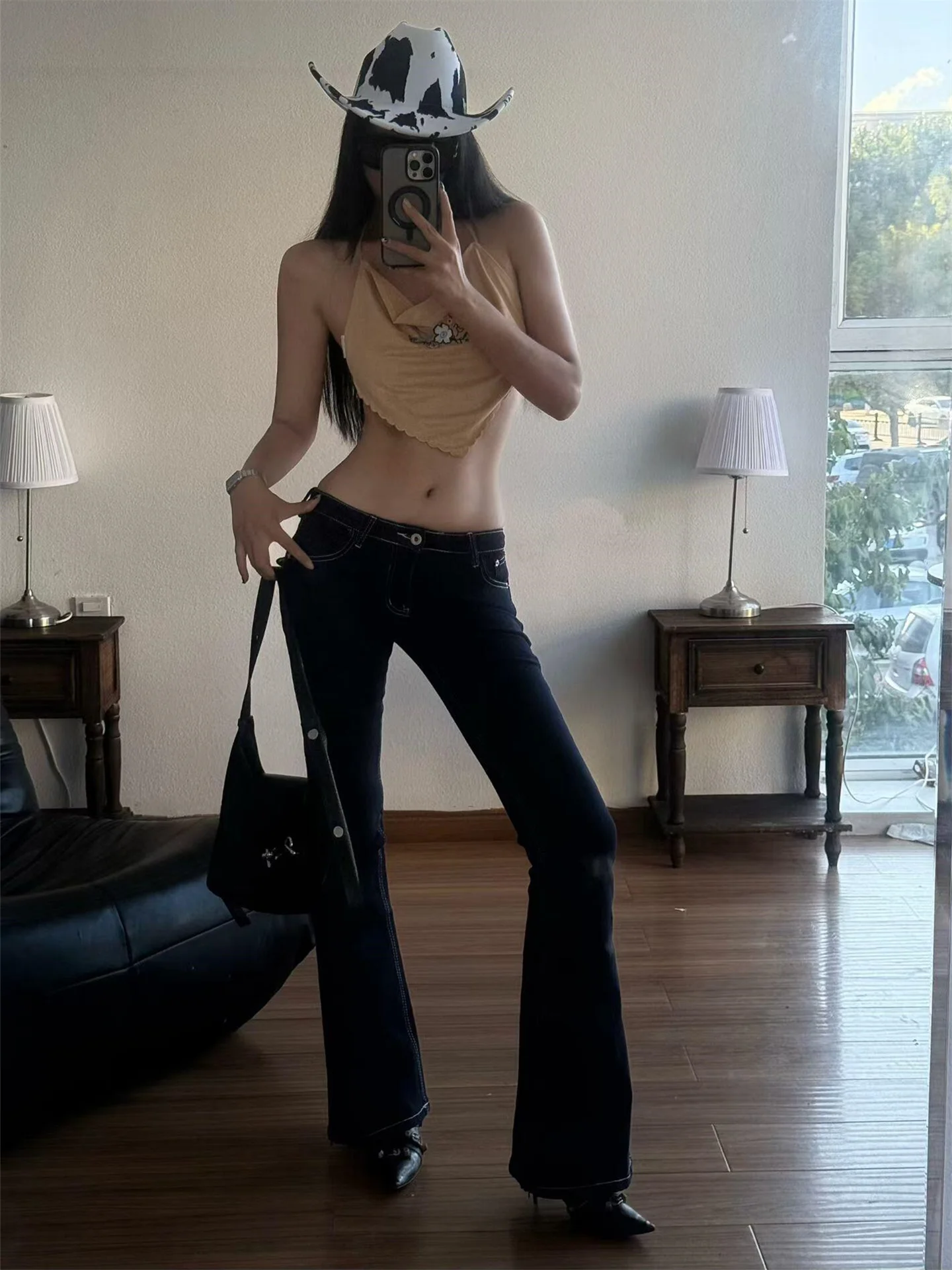 

Американские ретро-джинсы с низкой посадкой и расклешенными штанинами для женщин, весенние, с эффектом похудения, удлиненные, в пол, повседневный стиль