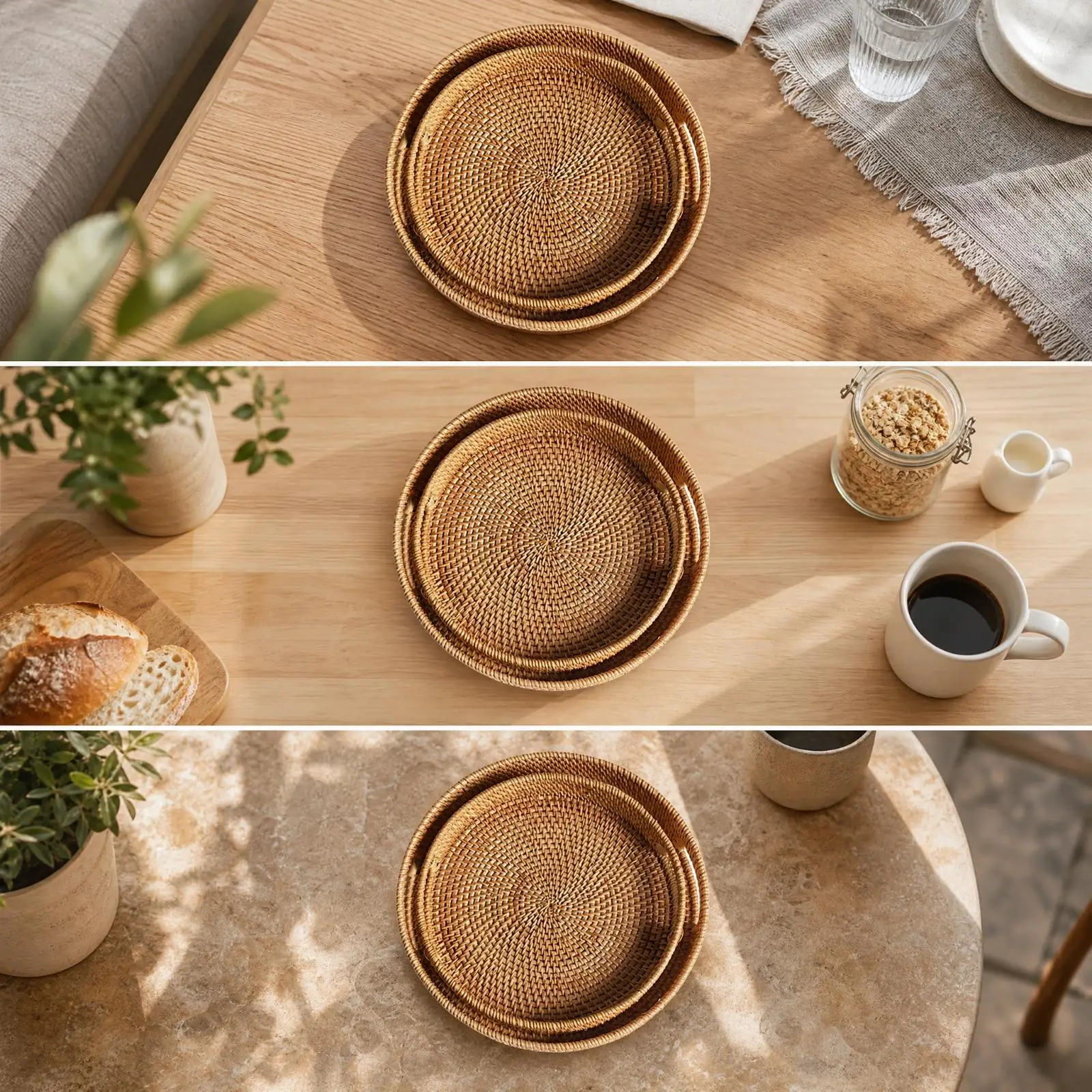 Round Woven Rattan Serving Tray for Fruit Candy Farmhouse Decorative Wooden Tray for Table Centerpiece Storage Rustic Home