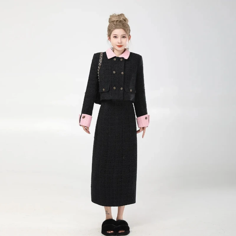 Insozkdg Tweed Short Coat Skirt 2 Piece Sets Women Outfit 2024 Autumn Winter New Elegant Wool Blend Jacket Two-piece Skirts Set