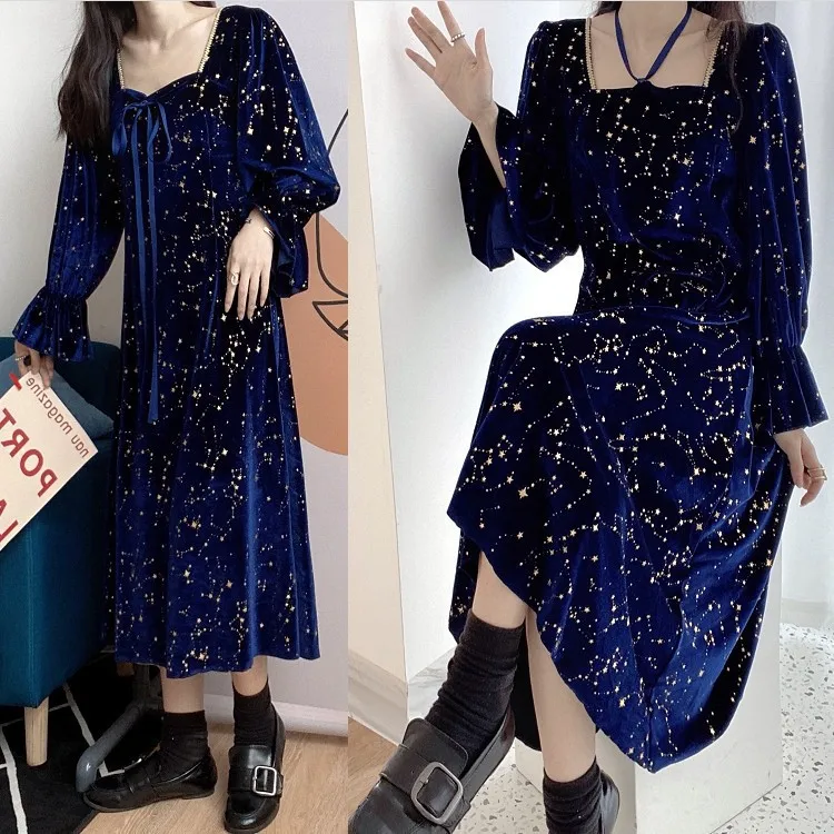 Autumn Winter Long Dress Square Collar Navy Blue Sequined Stars Ribbon Party Dress Flare Sleeve Elegant Midi Dresses For Women