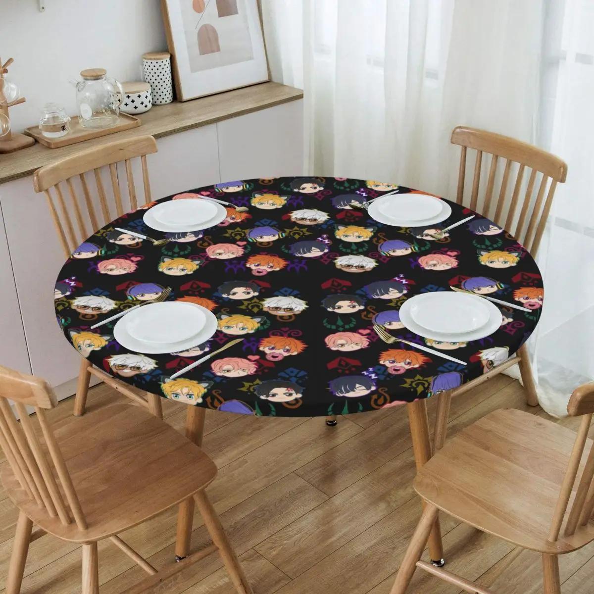 Obey Me - Demon Brothers Pattern Waterproof Round Tablecloth Oilproof Table Cloth for Kitchen Events Dining Table Cover