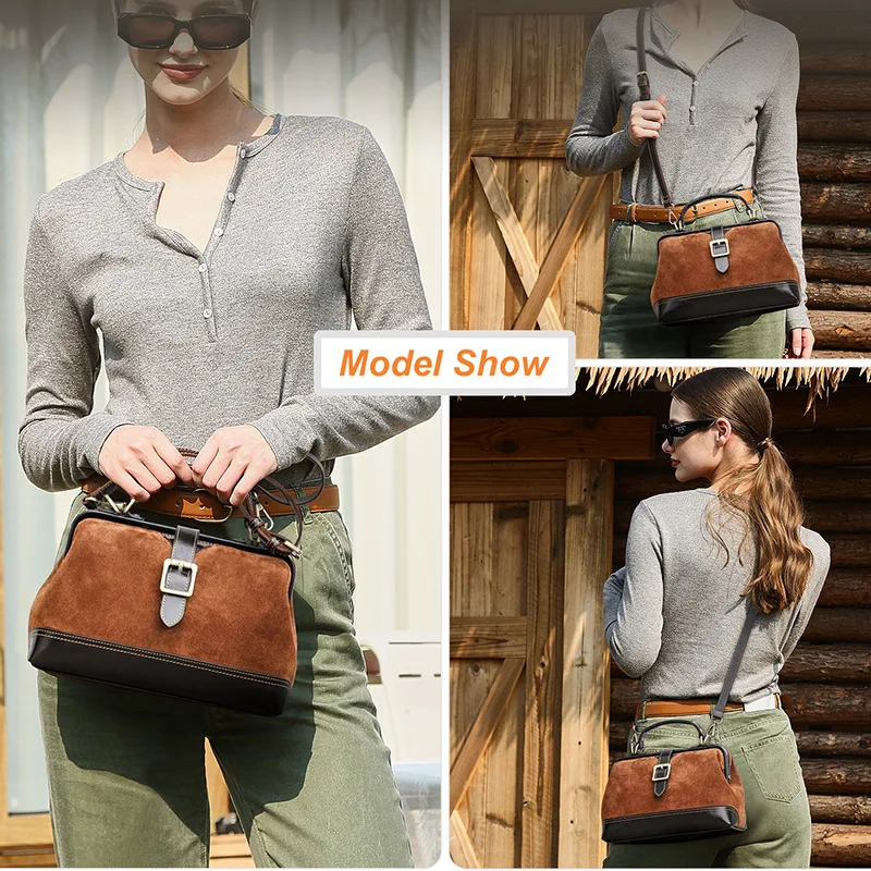 Flip cow anti iron hinge ladies handbag collision color splicing doctor bag women's real leather travel high-grade crossbody bag