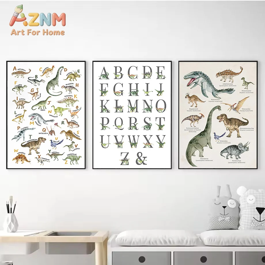 Cartoon Abstract Dinosaur Letter Animals Tyrannosaurus Nursery Poster Canvas Painting Wall Art Pictures Playroom Home Decor