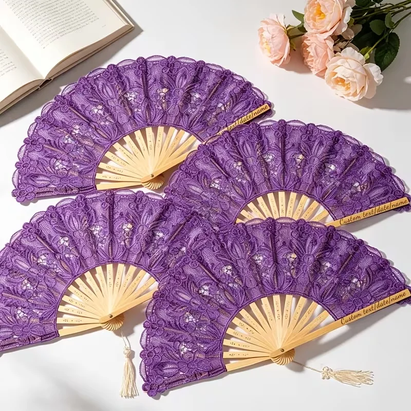 1Pc/5Pcs/7Pcs/10Pcs Personalized Custom Purple Handheld Fan, Purple Craft Fan Suitable for Celebrations, Personalized Decoration, Wedding Decoration, Lace Surface, Create Your Own Romantic Wedding, Personalized Wedding