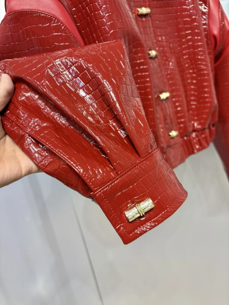 السيدات أنيقة التمساح الحبوب سترة جلدية حقيقية ترتيب الأسرة طوق الخريف الشتاء معطف قصير جلد الغنم الحقيقي المرأة عادية فضفاض #3