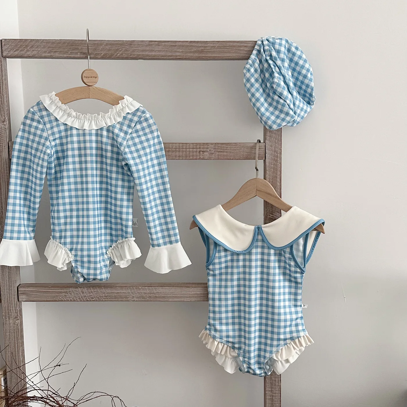 2026 Summer Toddlers Girls Plaid One-piece Swimwear Long Sleeve Sun-proof Beach Bikini Backless Ruffles Kids Swimsuit