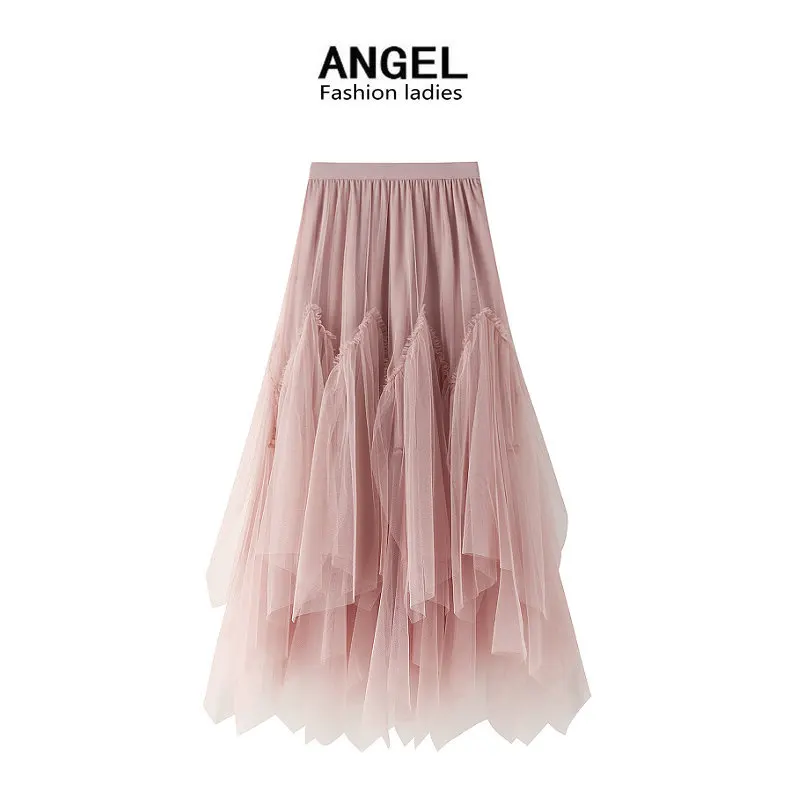 

Women irregular Long Tulle Skirts Ladies High Waist Ankle-Length Tutu Maxi Skirts Beige Green Female Faldas Jupe Femme