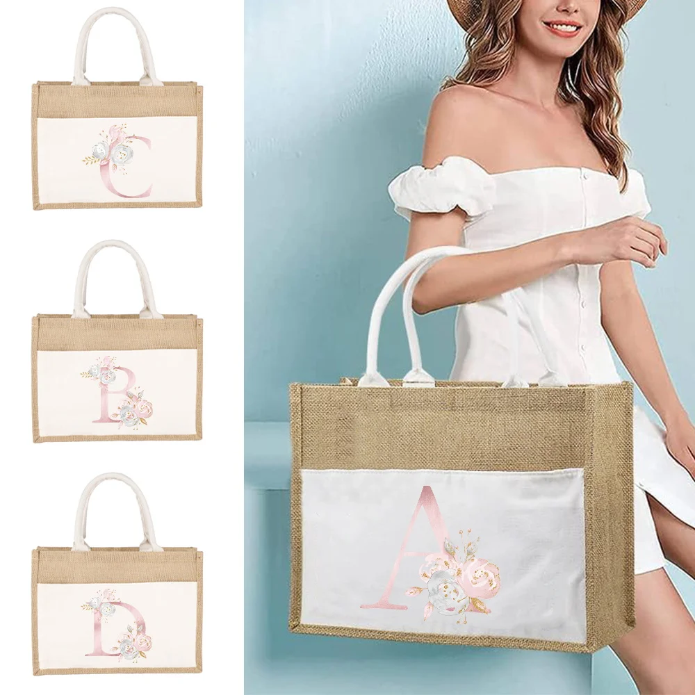 Jute Handbag Linen Sacks Jute Imitation Sacks Linen Bags Women Shopping Pouch Tote Laminated Bags Pink Flowers and Letters2023