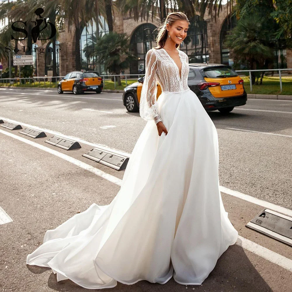 SoDigne-vestidos de novia de princesa moderna, sin mangas con traje largo cuello en V, ilusión de Organza, talla grande