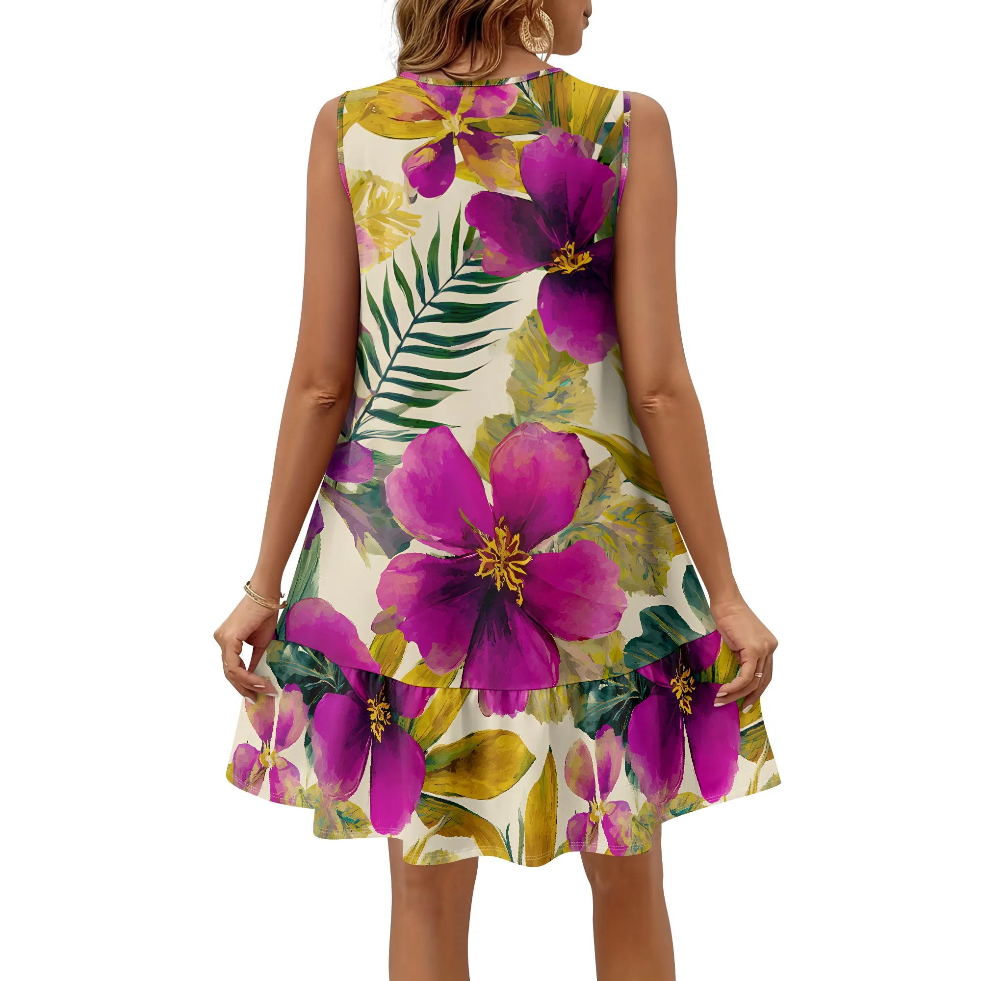 Floral Print Dress, Sleeveless Summer Dress, Tropical Flower Pattern, Vacation Beach Wear, Casual A-Line Sundress, S-2XL