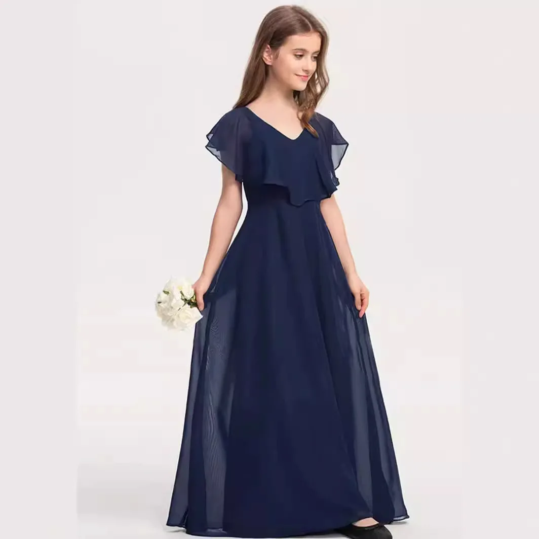 

It's Yiiya индивидуальное платье с цветочным узором для девочек, темно-синее шифоновое платье с v-образным вырезом и оборками на молнии сзади, длиной до пола, простое детское платье T071