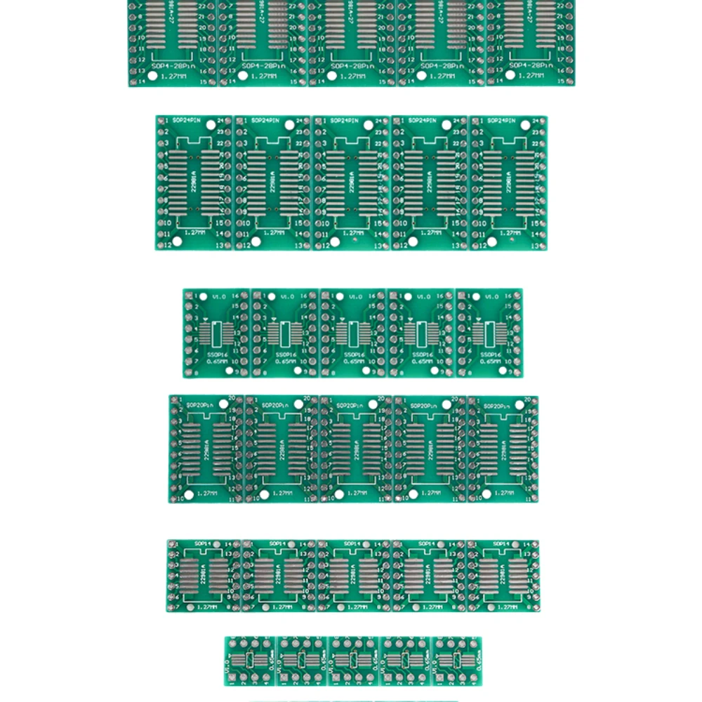 PCB SMD Ligue para conversor adaptador DIP, Protoboard eletrônico, SOP8, MSOP10, SOP14, SOP16, SOP20, SOP24, SOP28, 7 tipos, 35pcs