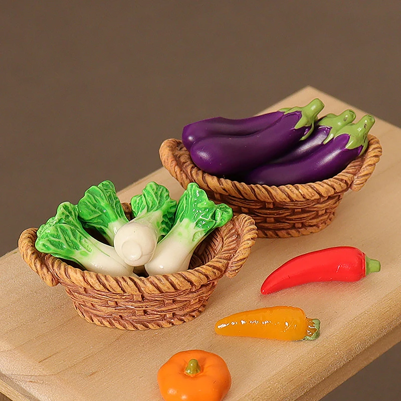 1:12 Mini Simulation Artificial Fruits and Vegetables Doll House Vegetable Bamboo Basket Miniature Accessories Pretend Play Toys