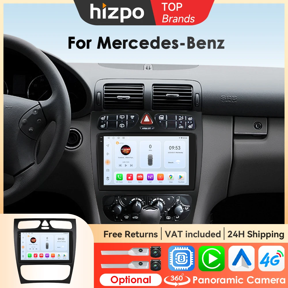 Hizpo 8core Autoradio Per Mercedes Benz Classe C CLK Classe W203 W209 W168 W209 Navi GPS 2din Android Auto CarPlay Monitor 360 CAM