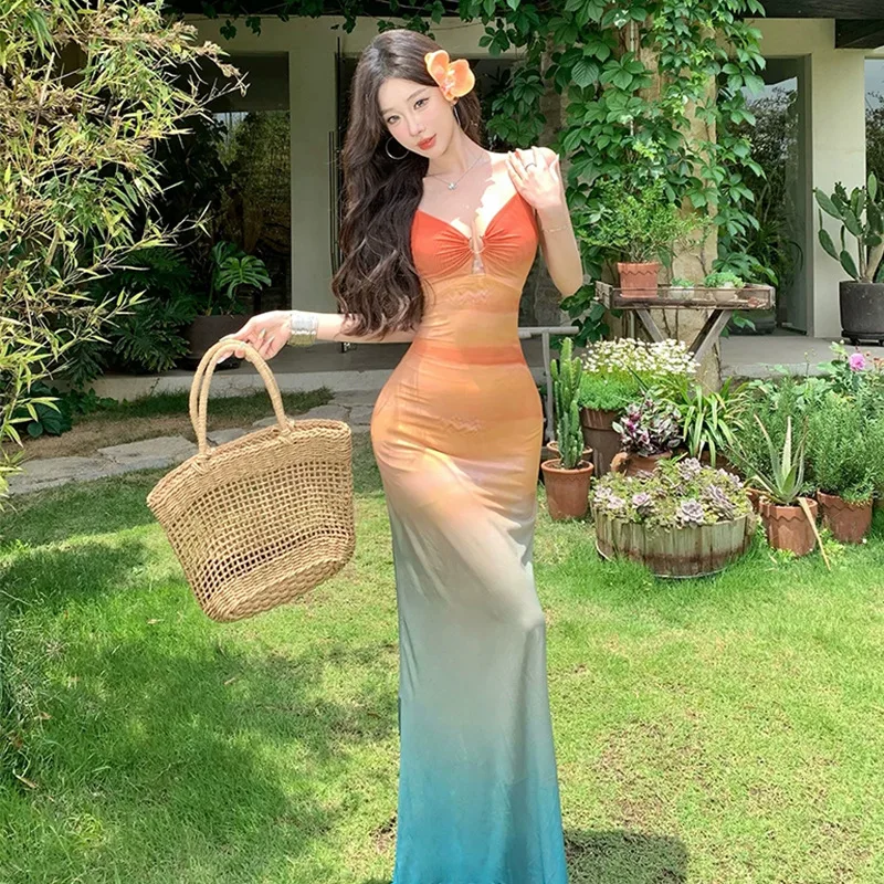 sexy orange tie dye print swimsuits two pieces mesh spaghetti strap mesh long dress swimwear bathing suit biquini tankini