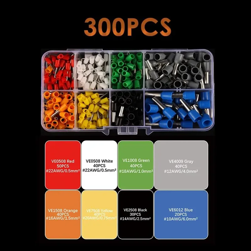 300pcs Boxed Tubular Crimp Terminals Ve European Type Cold Crimp Terminals Electrician Electrical Insulation Kits Crimp Ferrules