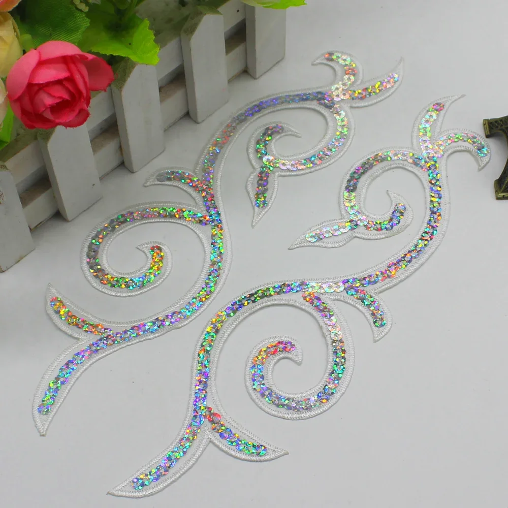 1 Pair Sequined Flower Appliques Iron On Gold Embroidery Patches Mirror Pair Paillette Multicolor Flower Trims 23*6cm