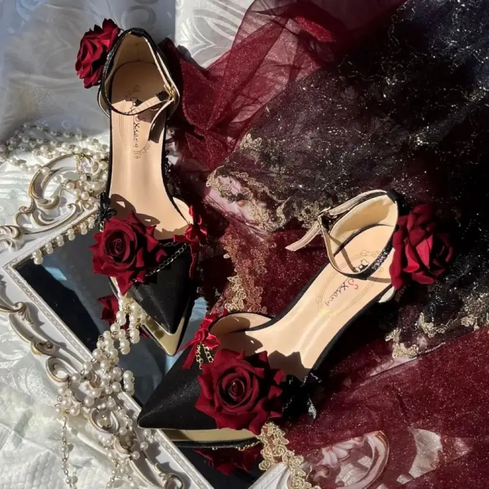 Black Red Gothic Lolita Shoe Wedding Lolita High Heels For Ladies Rose pointed toe dress shoes for womenluxury shoes sss grade