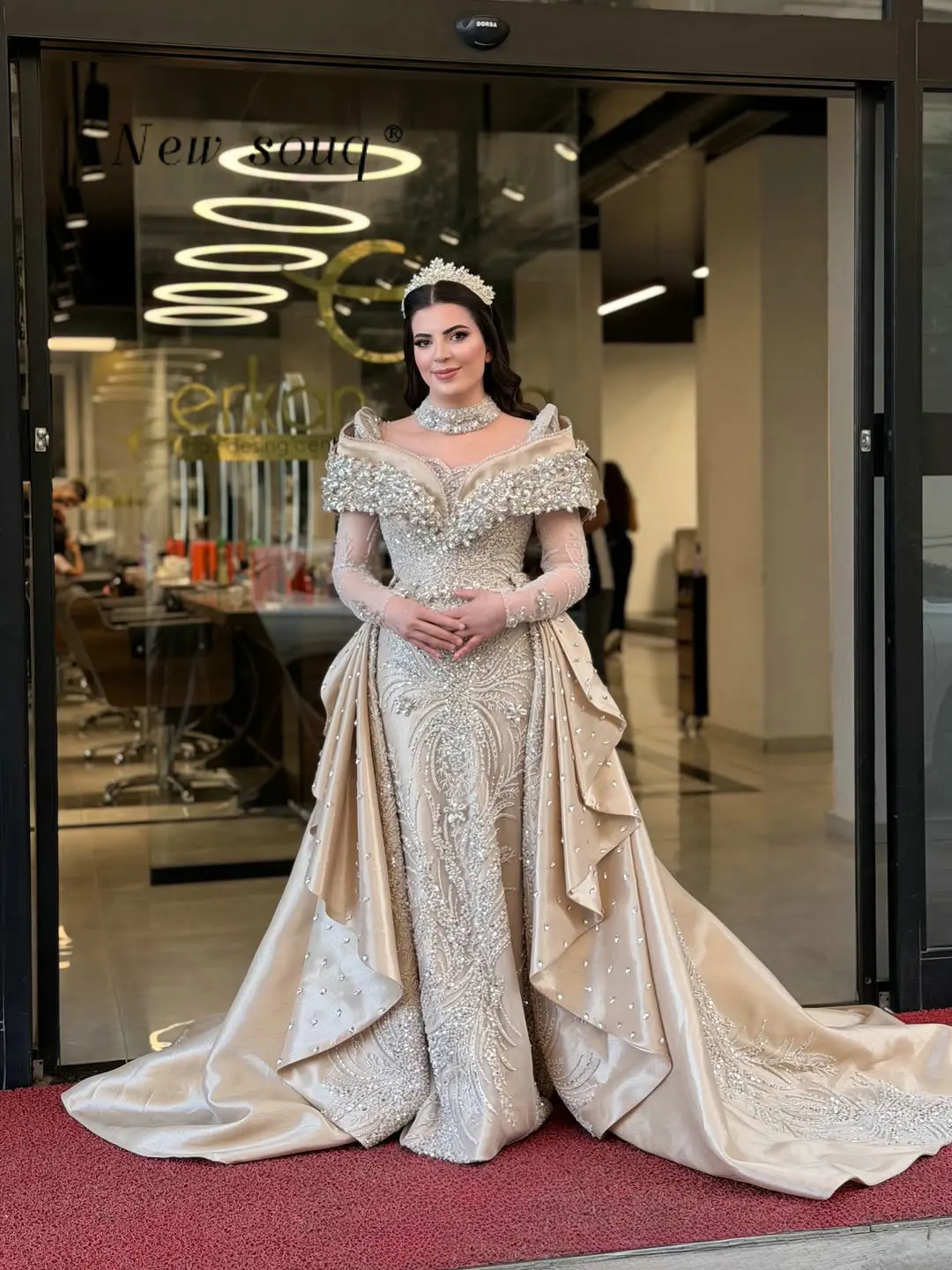 Elegance Champagne Two Pieces Formal Wedding Evening Dresses with Overskirt Dubai Muslim Brides Formal Prom Gowns Customized