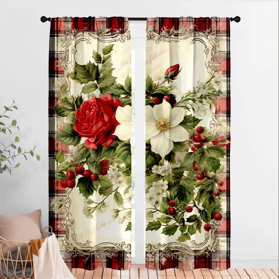 2PCS Digital Print Curtains, Vintage Plaid Frame White Flowers Red Rose Holly Berries Ornate Border, Antique Floral Style - Chri