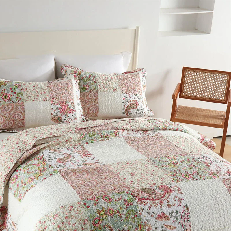 Plaid 100% Cotton Quilt Bedspread Set 3pcs Patchwork Pillowcases Quilted Linen Blanket Sheet Cubrecam Bed Cover Colcha Coverlet