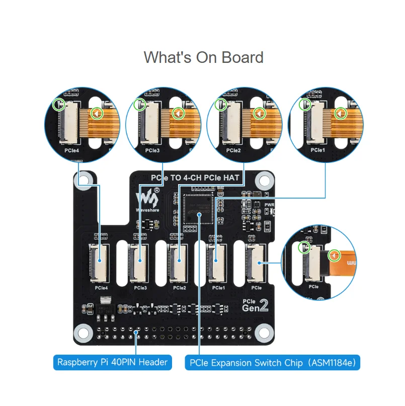 4-Ch PCIe FFC Adapter Board Expands Interface To 4-Ch PCIe FFC Connectors Stacking Multiple PCIe HATs Raspberry Pi 5 PCIe HAT