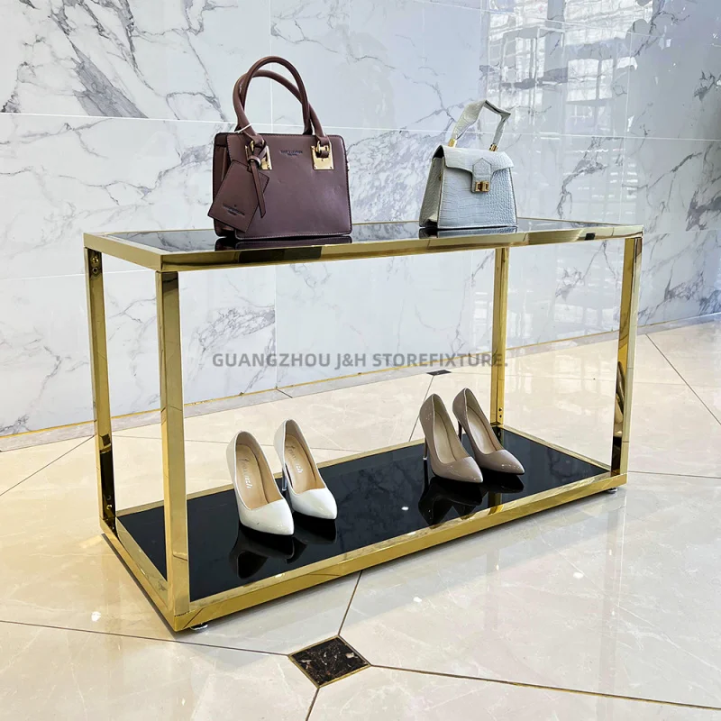 Customized. retail store fashion bag display stands 2 tier heavy duty floor shoes display rack shelves metal shoe bag display st