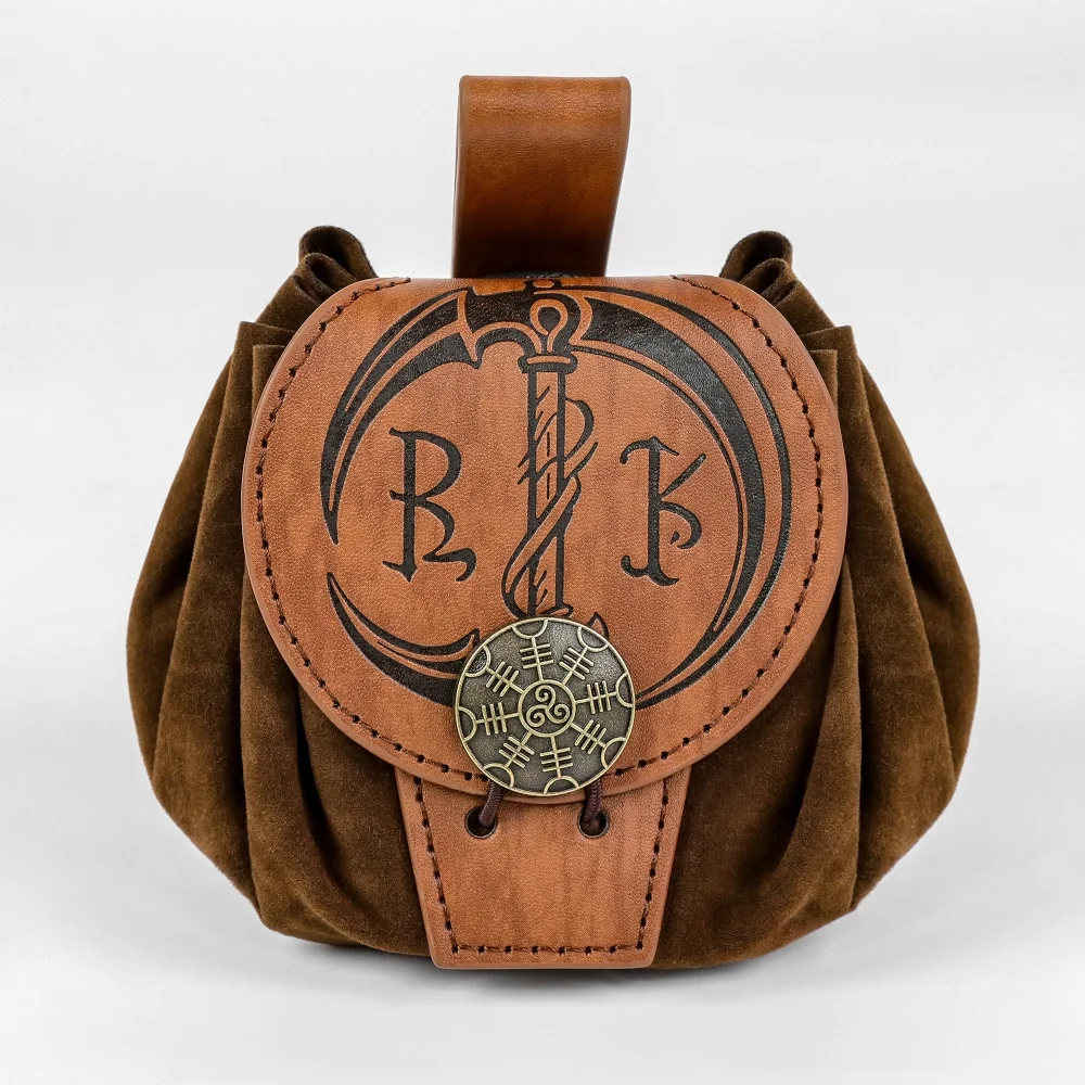 Halloween Medieval Viking Axe Pattern Leather Waist Pouch, Drawstring Belt Bag, Cosplay LARP Costume Dress Up Accessory