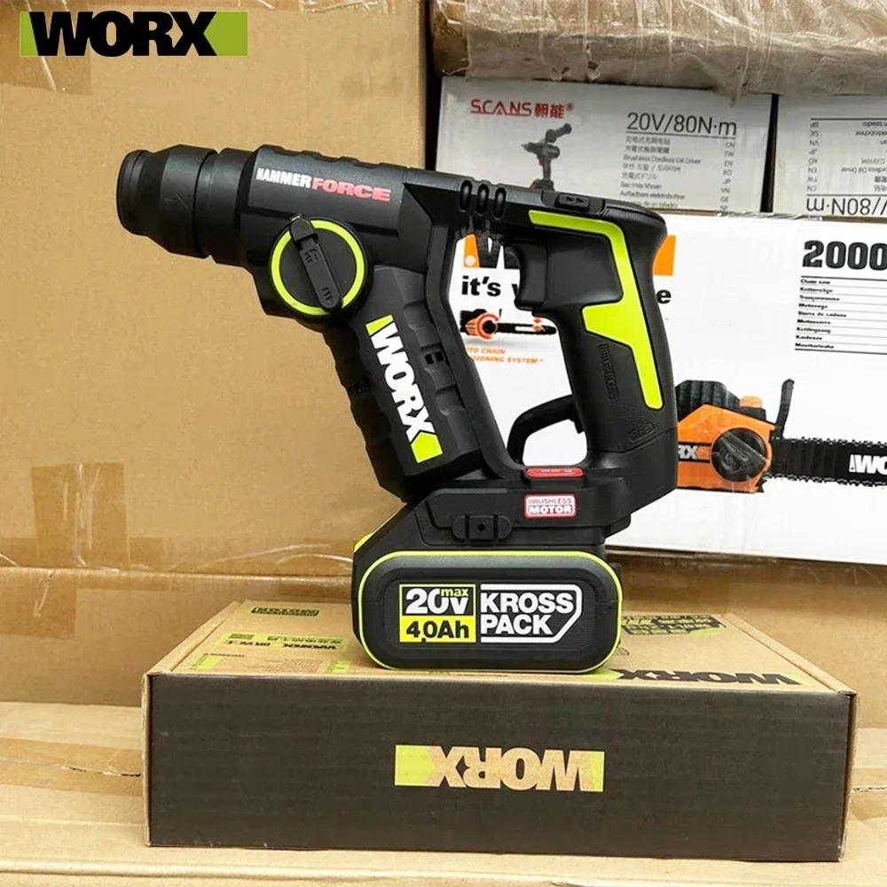 Worx Rotary Hammer Brushless WU380S 20v 1.7J 1700rpm 5300ipm Round Handle with Two Pits and Slots Share Green Battery Platform