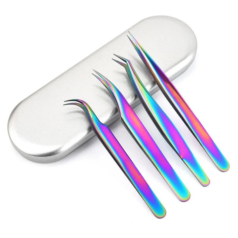 4PCS Lash Tweezers Set Stainless Steel Straight Curved Eyebrow Tweezers False Eyelash Extension Clip Pliers DIY Tweezer Tool