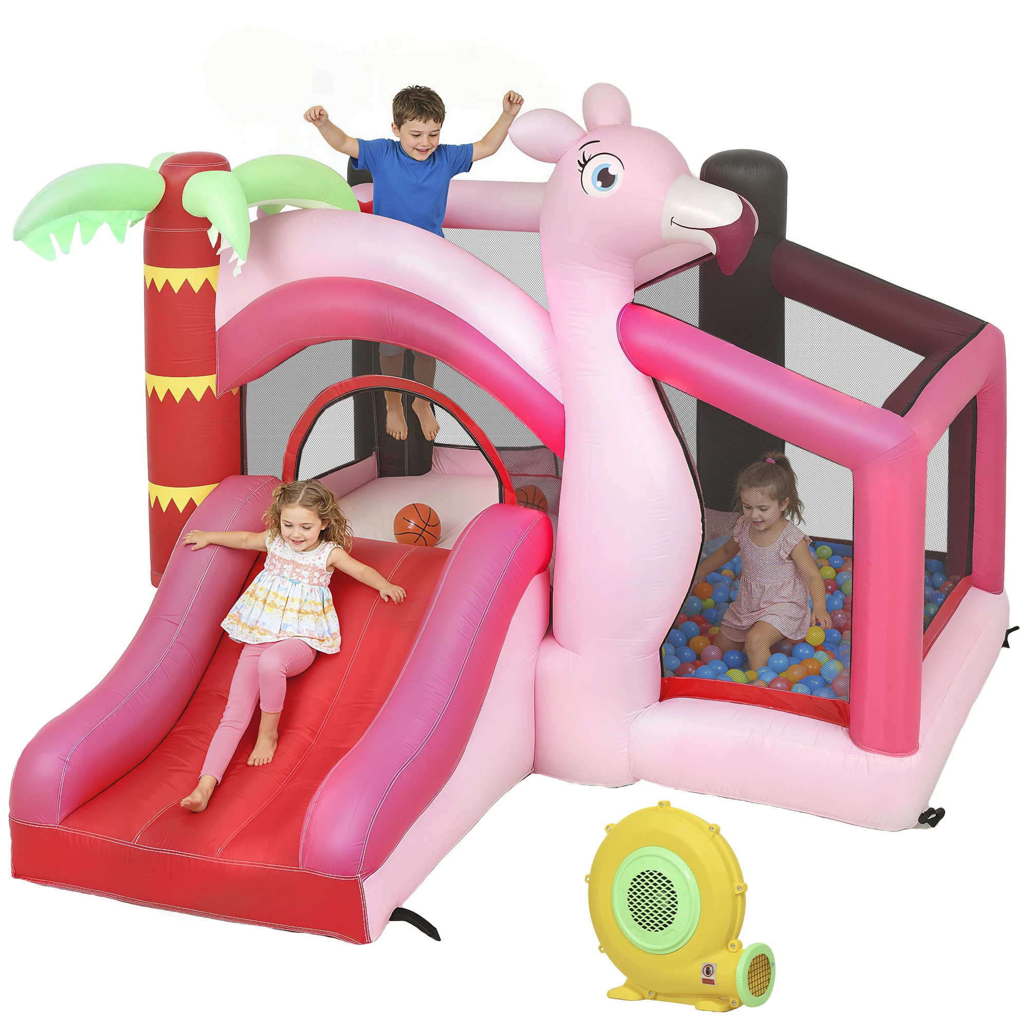 AIYAPLAY Castillo Hinchable para Niños con Soplador Tobogán Cama Elástica Piscina de Pelotas Canasta de Baloncesto 255x230x196cm