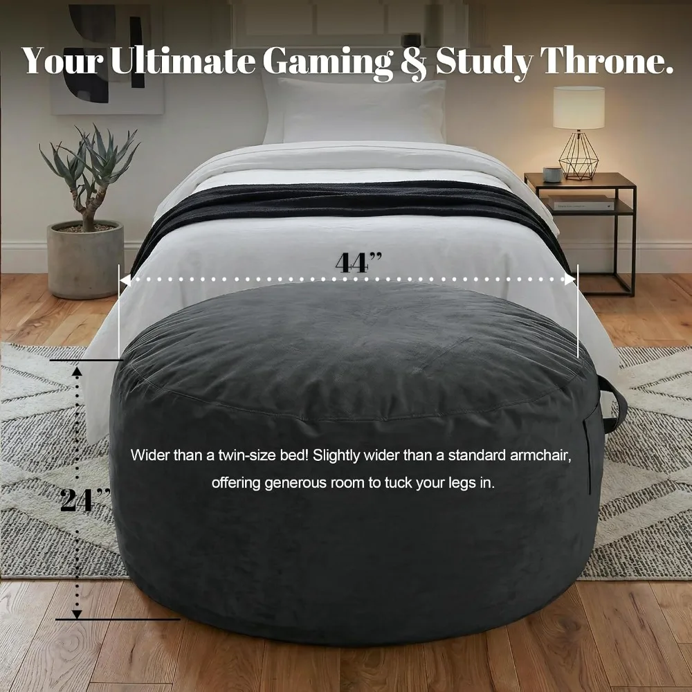 Large Adult Bean Bag Chairs with Shredded Foam Filler, Grey, Machine Washable Cover, Reinforced Seams, Ideal for Gaming