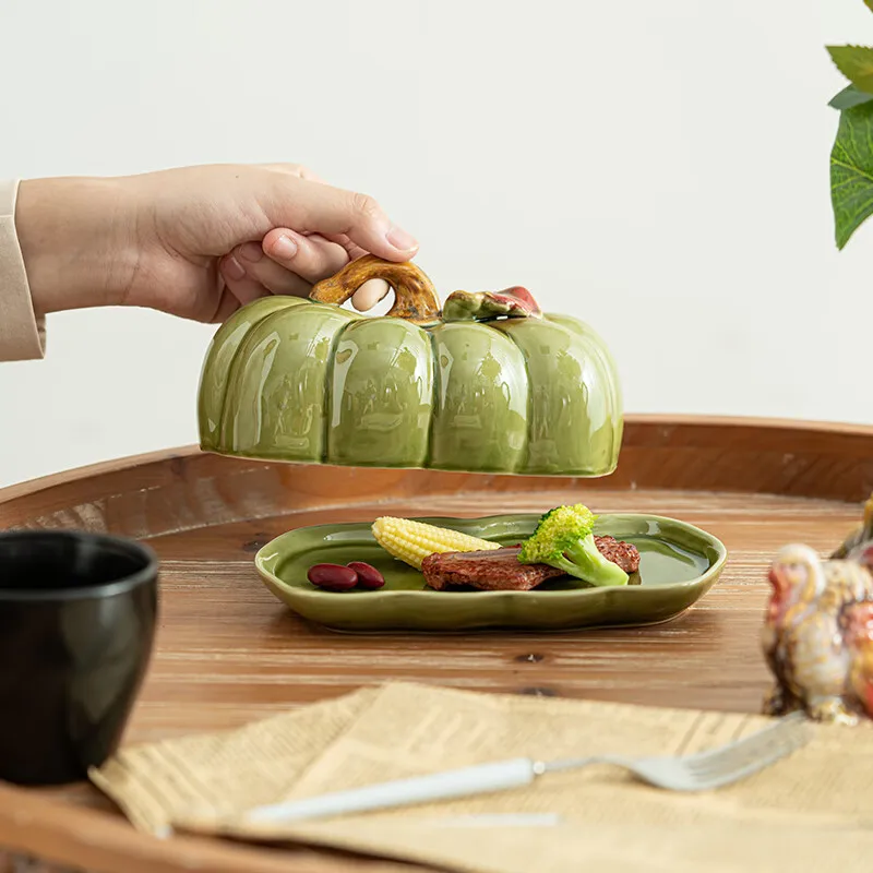 

Su Style Ceramic Pumpkin Plate for Bread Cake Fruits Nuts Butter Candy Snacks Green