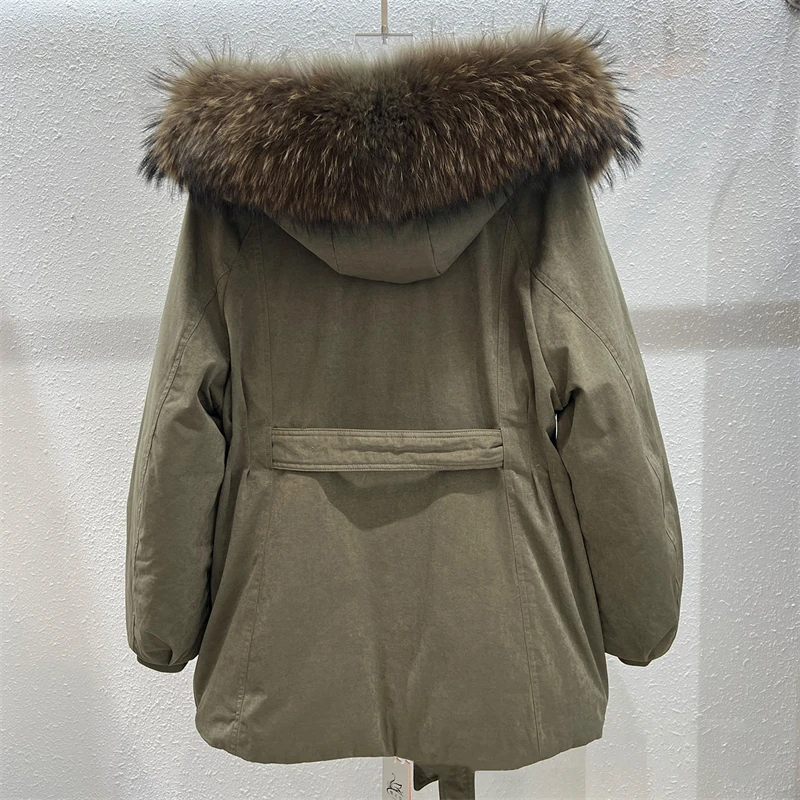 2026 Women's Goose Down Jacket Winter Mid Length Hooded Puffer Coat Natural Raccoon Fur Collar Slim Waist Loose Fit Warm